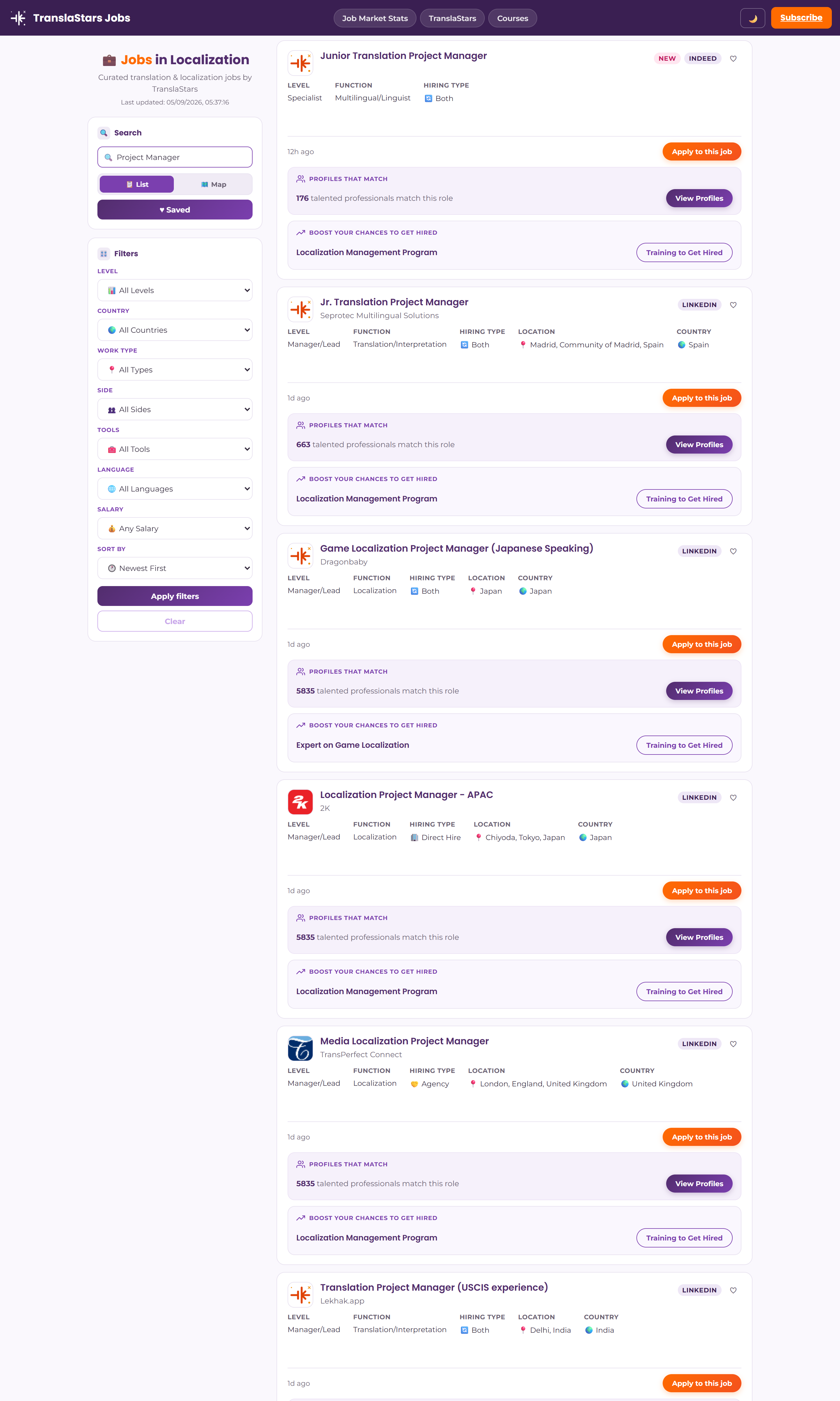 TranslaStars Jobs Board showing live Localization Project Manager jobs