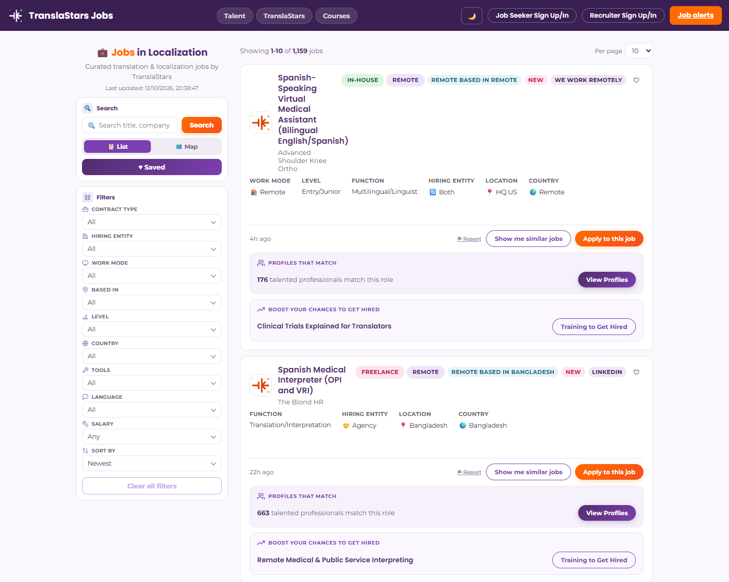 TranslaStars Jobs Board showing 1,159 curated translation and localization jobs with filters