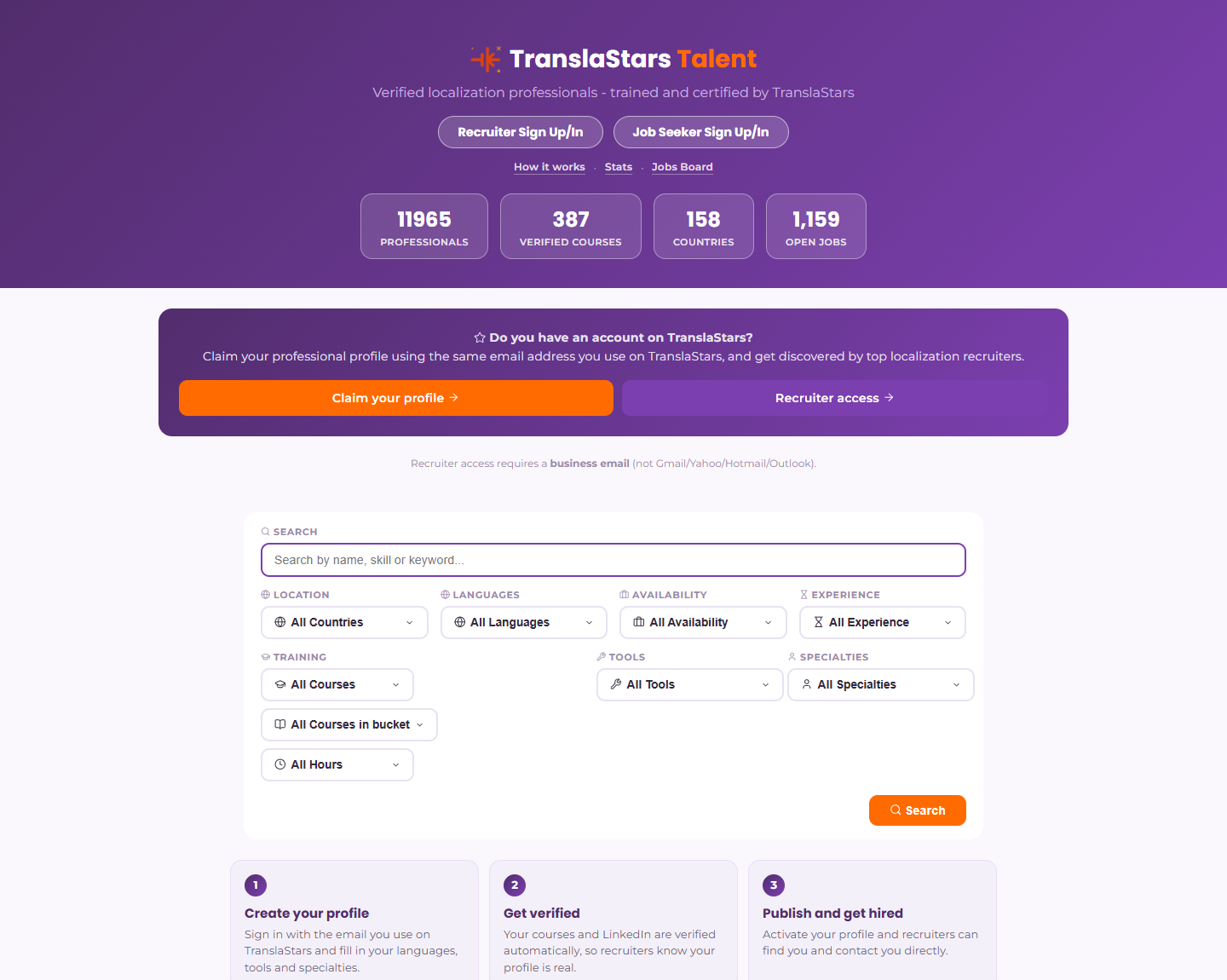 TranslaStars Talent Pool home page with professional, course and country counters and a search panel