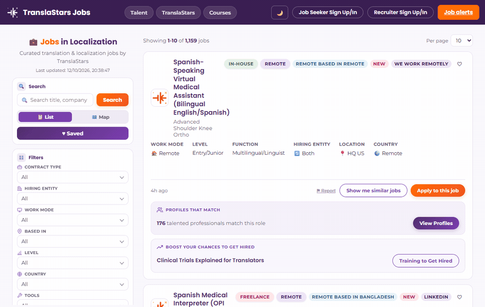 Animation of typing interpreter on the TranslaStars Jobs Board and getting filtered results