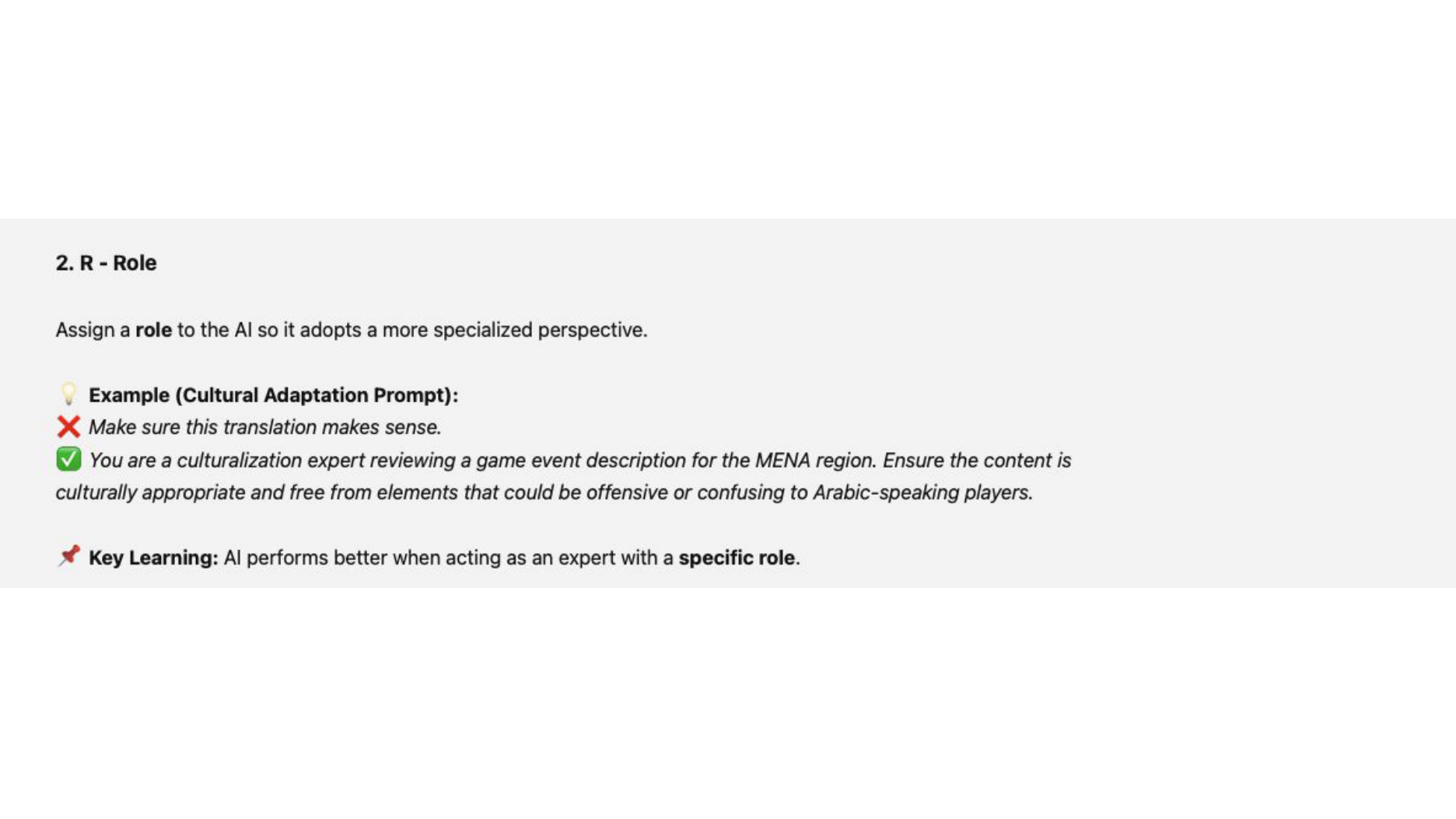 Slide showing the Role element of the CREATE framework, with a weak prompt and a stronger culturalization prompt for the MENA region
