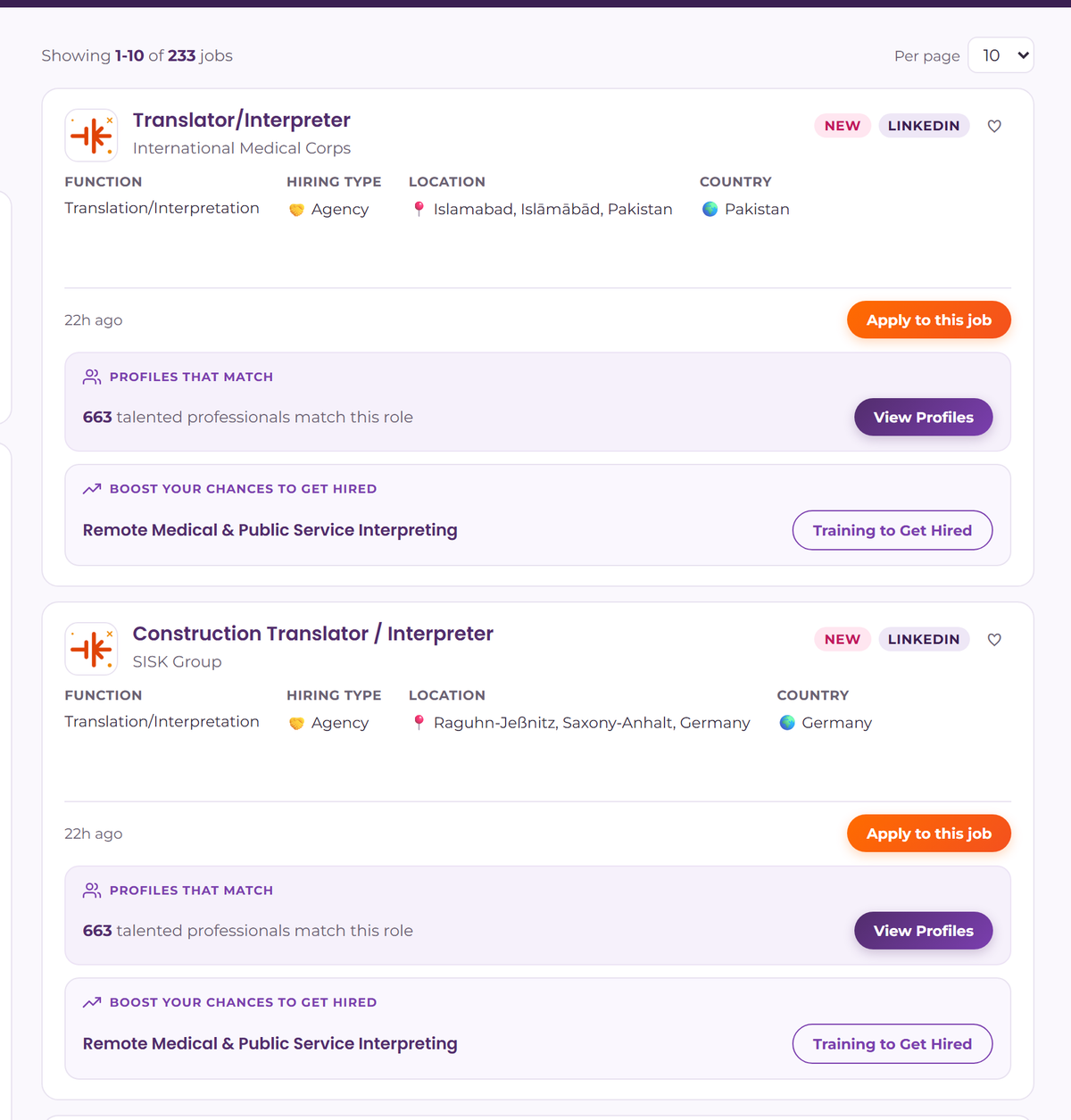 TranslaStars Jobs Board showing live translator job listings