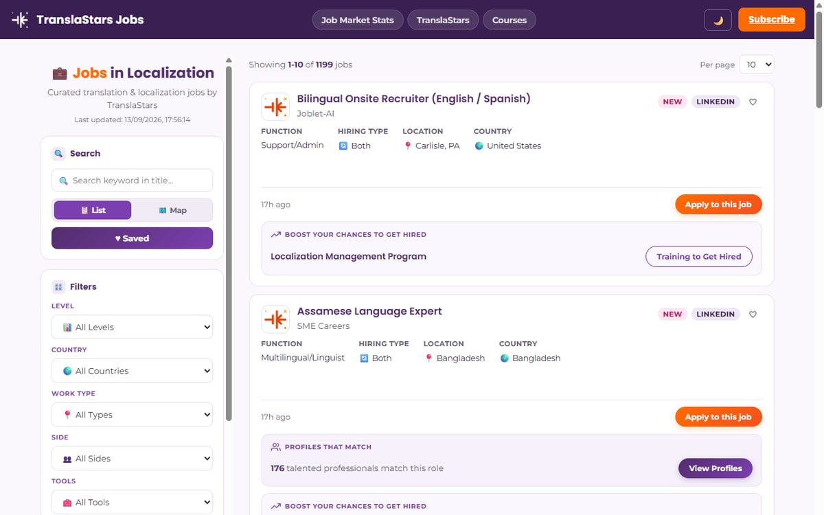 Screenshot della bacheca di offerte di TranslaStars Jobs