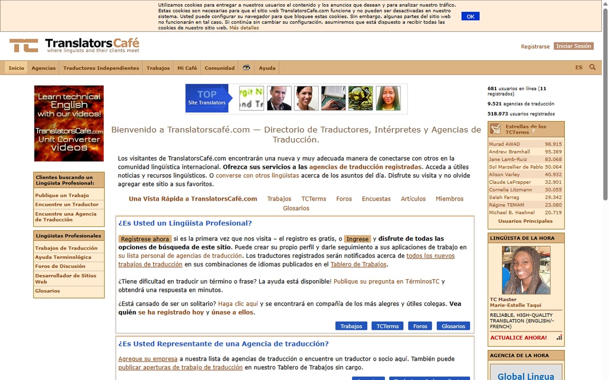 Screenshot della home di TranslatorsCafé